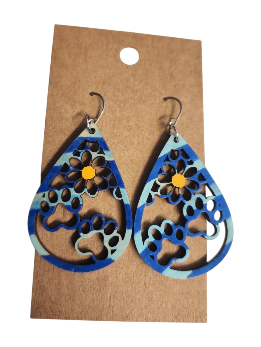 Blue Meadow Pawprint Wood Drop Earrings